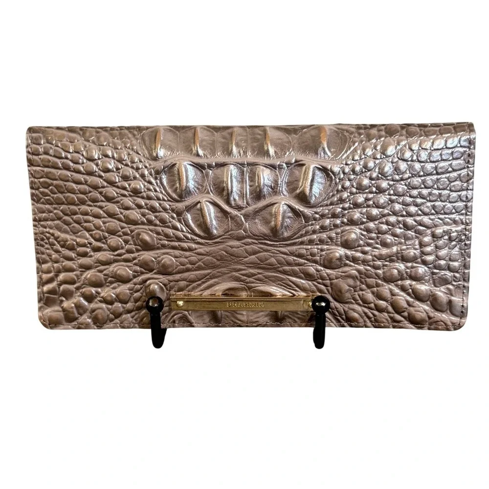 Brahmin Ady Slim Wallet Metallic Croc Embossed Leather Champagne Bronze New